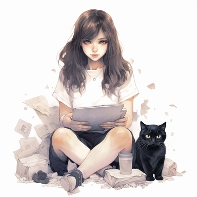 watercolor, hyper realistic, white background, white margins, 16k, ultra detailed clipart, cut out image, hand-drawn kawaii girl at work sitting with cat and cat, in the style of digital art wonders, website