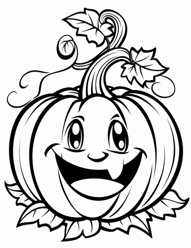 clipart cartoon happy carved pumpkin, leaf in the style of Pierre-Auguste Renior black and white child's coloring book, black and white smooth thick lines, solid white background, no background