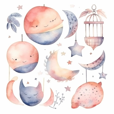 watercolor clipart of cute sweet dreams decor set, half moon sleeping, cute objects, soft watercolor, watercolor paper texture, no background. clear simple shapes.Adorable. High quality
