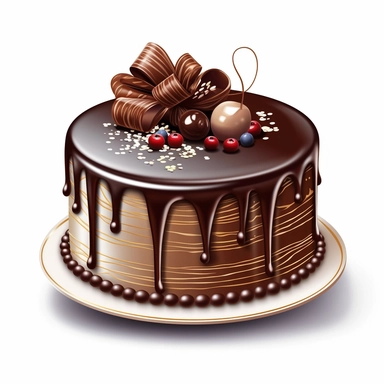 Design a realistic clipart image of a chocolate birthday cake. Depict the cake with smooth ganache, chocolate shavings, and decorative chocolate accents.