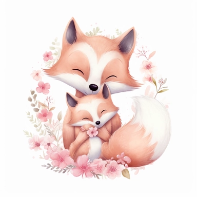 cute pink floral illustration, realistic adorable one baby cute fox hugging his cute mom, happy clipart, nursery style clipart, nursery animal art, kids wall art, baby room decor, isolated on white, ultra - detailed, high quality, ghibli style, award winning