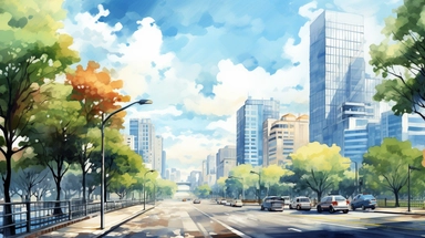 watercolor style, a modern city realistic clipart, view inside the city, sunny day