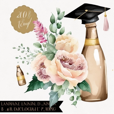 Champagne Bottle Gold Graduation Cap Watercolor College High School Graduation Clipart Flowers Graduate Gift Commercial Use Illustration PNG