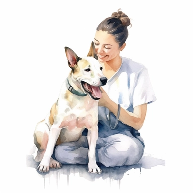 young happy veterinary nurse smiling wile playing with a dog cartoon watercolor clipart in white background Hyper watercolor beautiful cute bull terrier, hyper detailed, hyper quality, 16K, unreal engine, isolated on white background,