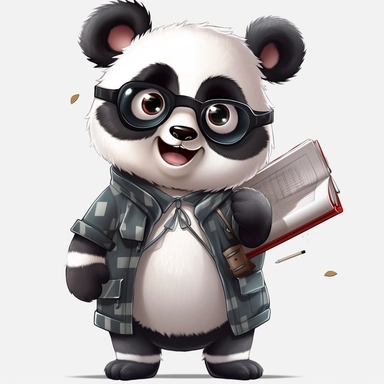 cute panda, student, happy and smiling, clipart, white background, no shadow