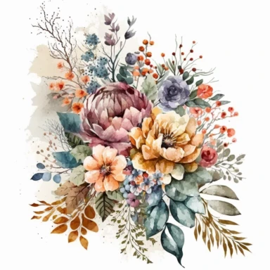 watercolor bouquet of flowers, floral, rustic yet colorful clipart, white background
