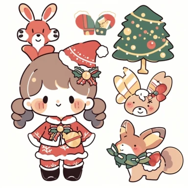 kahles xmas stickers vector collection | ornament vectors clipart stickers, in the style of kawaii manga, simplified line work, animal figurines, lacquer painting, plush doll art, intersecting lines, multi-layered figures, 8k