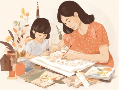 This clipart shows a mother and child crafting a scrapbook together. They are pasting photos, stickers, and handwritten notes.
