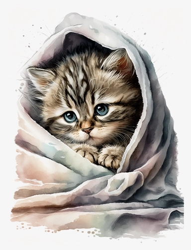 baby cat in a blanket, watercolor clipart, transparent background