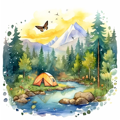 watercolor clipart painting of a Colorado mountain landscape, with evergreen pine trees, pinecones and sage green trees, with some yellow aspen trees and white birch trees, camping tent by a stream with rocks in the babbling brook, a butterfly and dragonfly, some birds, a sunset, hd, mystical and whimsical illustration with a little gold glitter and aurora borealis bubbles, with a few flowers and floral and botanical and ethereal elements, with white background,