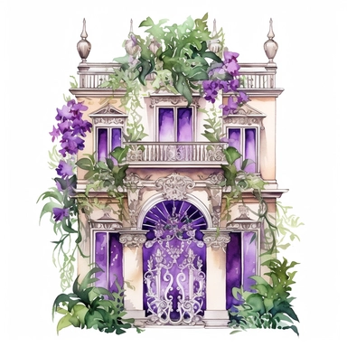 Violet Villa - As part of the Whimsical Botanical Dwellings collection, this watercolor clipart depicts a luxurious villa composed of Orchid Elegance violets and Fern Green leaves. The intricate detailing of the villa's structure stands out vividly against the white background, allowing the viewer to fully appreciate the rich purple and lush green hues of the floral architecture.