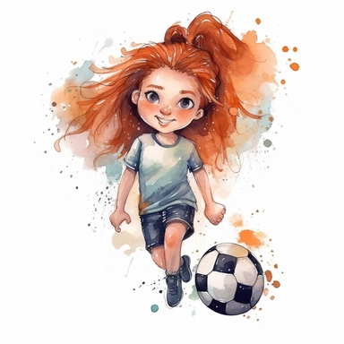 cute Watercolor cartoon soccer player girl, clipart, white background