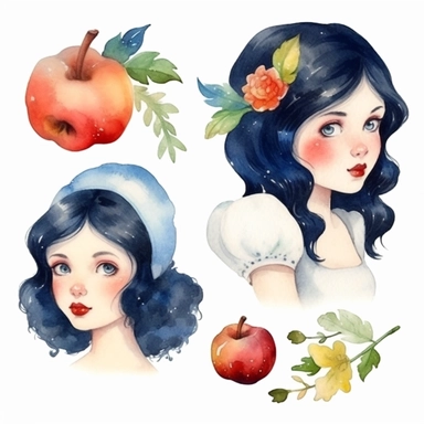 Watercolor snow white , illustrations clipart set, simple , cartoon elements, fairy tale theme and elements different variants , , separate elements with a margin