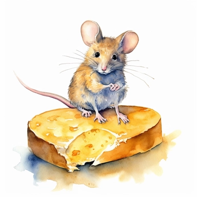 clip art ,mouse eating a wheel of cheese,watercolor no background