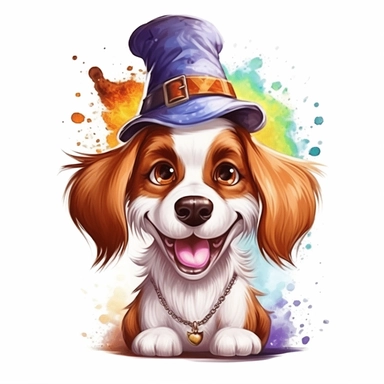 vector cute Dog character wearing wizard custom and wizard element with happy face ,front facing on isolated background,colorful color,with happy face and expression,Animal Sublimation Clipart,no splash watercolor,white background, ultra detailed clipart, cut out image, colorful watercolor realistic, cartoon style, ultra HD, sharp and clean art