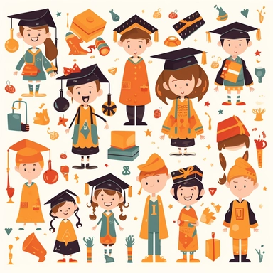 Design a clipart set that depicts graduation elements such as graduates in their caps and gowns, graduation scrolls, diplomas, graduation caps, and other academic items. Add images of people celebrating, such as confetti, balloons, and a graduation ceremony. Consider different variations of the clipart, such as graduates throwing their caps in the air or graduates taking photos with family members.