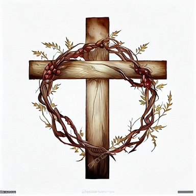 A wooden cross that has a christian woven crown of thorns on it, vines on it, white background, Watercolor clipart, details