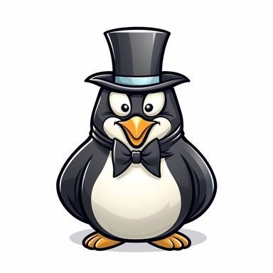 simple 2d minimalistic clipart of a cute Penguin with big eyes and long hair, Wearing a top hat, monocle, and bowtie. black outlines on a white background