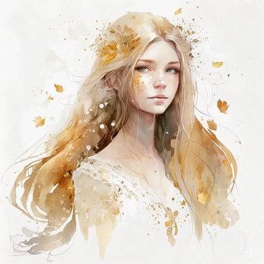A fairy with a golden hair, portrait, glitter around, white, gold, glitter, fantasy, realistic illustration, watercolor, by Dinara Mirtalipova, by Disney, bright and airy Colors, concept art, white background, clipart