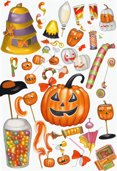 a whimsical art collection on white background with margins, pumpkins, candy corn, Halloween, clipart,
