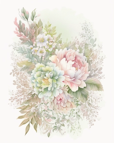 soft colorful pastel colored floral arrangement clipart, soft and subtle, colorful fairy pastel colors watercolor style, fawncore, peonies and roses, pastel green, pink dreamy pastel, dreamy pastel colors, muted pastel colors, colorful dreamy pastel pink and pastel green colorful fairy pastel pink, plain white background, use of fabric, excellent depth of shading in soft watercolor style, watercolor artwork, plain white background for transparent editing