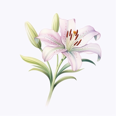 Peaceful pastel lily clipart against a pristine white background. The illustration showcases a serene pastel lily with graceful petals and slender green stems. The color palette includes soft shades of pink, lavender, and green. The white background adds a contemporary and clean setting, allowing the lily to emanate its tranquil beauty. The lighting is soft and luminous, casting a gentle glow on the flower and creating a sense of serenity. The atmosphere exudes a feeling of calmness and inner pe
