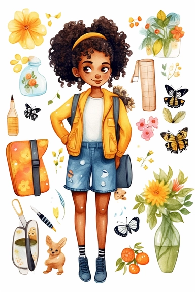 clipart set Cute illustration fashion black woman back to school watercolor clipart, full body, Cute kawaii sticker