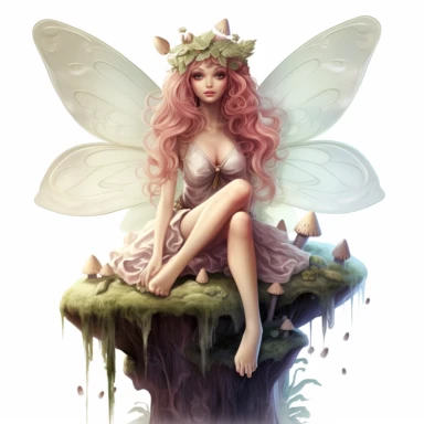 Elegant Fairy Sitting on a Dew-Kissed Mushroom, her ethereal presence bringing harmony to the woodland realm. The soft, dreamlike lighting envelops her face and flowing hair, emphasizing her grace and natural beauty. The clipart showcases her in full body, meticulously capturing the intricate details of her enchanting form against a clean white background., Clipart on a white background