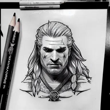 tattoo sketch flash art, Witcher Geralt sticker, neo-traditional tattoo, pencil Draw, drawing, charcoal art, clipart, vector, ultra realistic detailed,