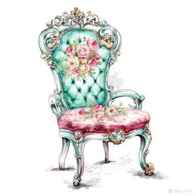 Make a clipart of a shabby chic, fairytale watercolor victorian breakfast chair, bright pastel colors of turquoise, green and pink, rococo, black outlines, hd, white background