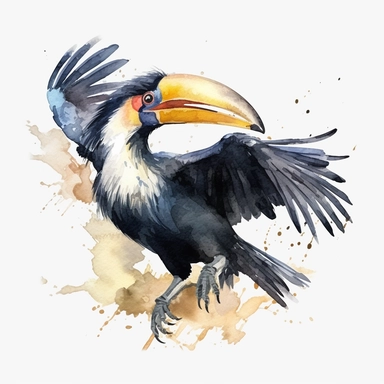 An endearing watercolor Hornbill bird clipart of Hornbill bird playing 300DPI