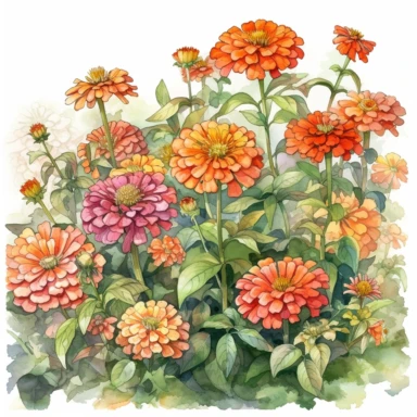 Design a watercolor clipart vignette of zinnia flowers blooming along a garden path, using the Michelangelo-inspired Watercolor Haven style on a white background. Highlight the delicate arrangement of zinnia flowers, their leaves, and accompanying foliage, perfect for adding a touch of charm and warmth to various designs.