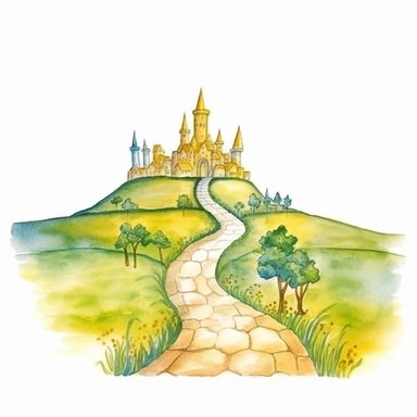 Yellow brick Road to emerald city clipart from The Wizard of Oz, watercolor, white background, wide shot