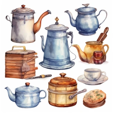 Antique kitchens utensils. Watercolor clipart, old things, wooden plank, iron pans, coffee pot, kettle, bakeware, milkman. Isolated elements on a white background . Stock illustration. Hand painted.