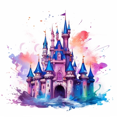 illustration of a Enchanted Castle: A majestic castle illustration with tall towers and fluttering flags, representing the princess's royal residence and the central setting of the fairy tale. illustration on a white background, full-body view, realistic illustration, oil paints, crimson, light blue and dark Violet style, neat strokes, expressive, Disney charm, very detailed, soft gradiend, light contrast, dreamy, clipart, inspiration from Artstation, white solid background