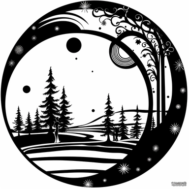 Left aligned, bottom aligned, quarter of a circle, art nouveau style, black lines, detailed, flat design, simple design, flat christmas scene, white background, svg style clipart style, black and white, less detail,