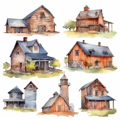 watercolor Old west style barns, illustrations clipart set, simple, , cartoon elements ,different variants , separate elements with a margin