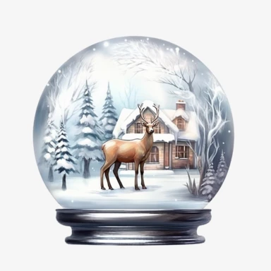 one transparent clipart stock of glassy house on a white background, with deer and snowman, in the style of Watercolor illustrations , spherical sculptures, frostpunk, miniature dioramas, luminous 3d objects, dark white and bronze, nature-inspired pieces , no watermark, text, 300 DPI , typography, shapes do not stick together, no text in the picture, on a white background