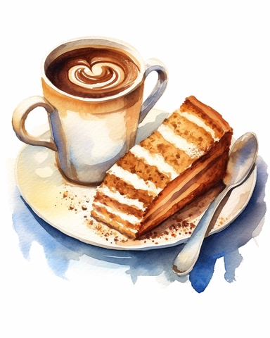 a cup of coffee with a slice of coffee cake,clean image, clipart on white background, watercolor