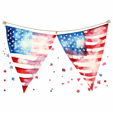 watercolor clipart of decorative bunting with the USA flag imprinted on it, USA patriotic, dry brush stroke splotches of red and white and blue color
