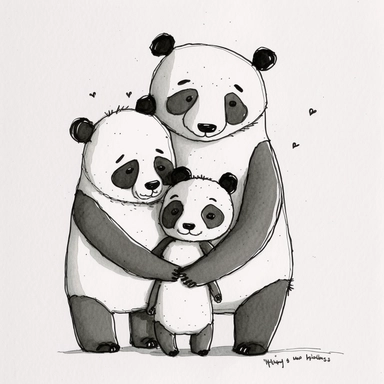 watercolor and ink drawing of a portrait of a family of three happy panda bears, one mom bear, one dad bear, one baby bear, clipart, embracing each other, cute pose, cartoon, doodle, happy, smiling, beautiful watercolor ink wash coloring, thick pencil lines, quentin Blake, Adrian tomine, popular on etsy, watercolor illustrations clipart, watercolor illlustrations for kids and children, book illustrations, plain white background