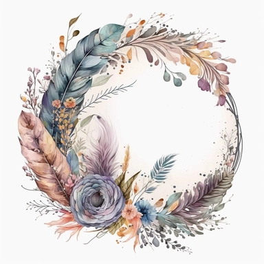 intricate and detailed watercolor circle border for wedding clipart masterpiece of boho floral arrangement with boho flowers and feathers and leaves, exquisite realism caricature style with excellent depth color shading, use of fabric, soft and subtle colors of watercolor style, plain background