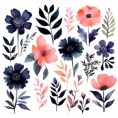 watercolor, handpainted black boho floral clipart, transparent background, spaced out--ar 3:2