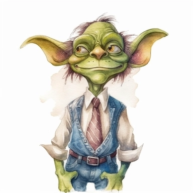 Create a watercolor clipart of a cute goblin in work attire, perfect for adding a quirky touch to your designs. The goblin should be depicted in a pastel color palette, with soft, whimsical brushstrokes and no background, making it easy to integrate into any project. Use a wide-angle camera lens to capture the goblin from a slightly lower angle, emphasizing its playful, mischievous nature.