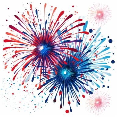 4th of july fireworks, red white and blue colors, cartoon, white background, clipart