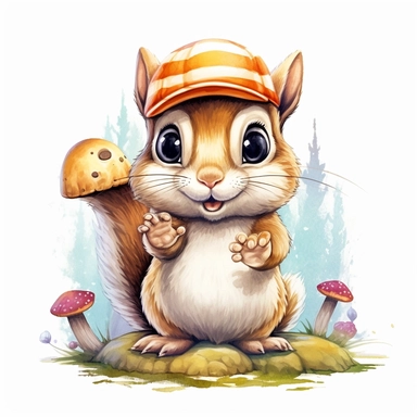 a captivating watercolor clipart image with a white background and white margins, featuring a cure sweet kawaii chipmunk. The ultra-detailed, hand-drawn elements capture the details. Use vibrant shades of various colors to create a visually appealing image