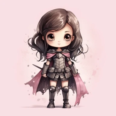 Clipart of a cute little girl brave warrior. She is brunette with black big eyes. The background is watercolour. Cute and modern knight outfit. full body. pink and black