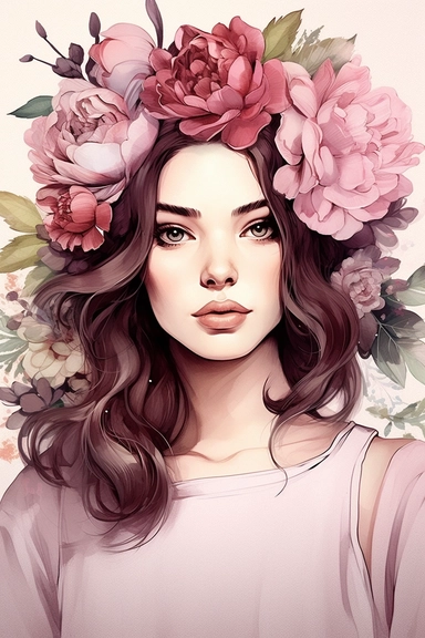 portret of a beautiful woman, brown hair, dressed in peonies floral headdress, freckles, style by Lusy Fleming, folk art, watercolor, clipart elements, smooth gradients, black contour outline, ultra detailed, colorul background, super clear, high quality
