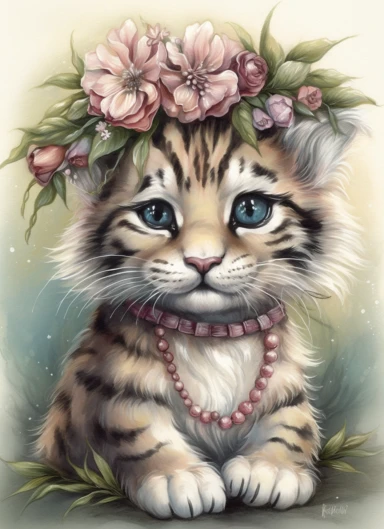 clipart,a cute little tiger in a field with bonnet on its head wearing necklace ,in the style of jody bergsma, 32k uhd, hand-painted details, charming character illustrations, dark brown and light beige,pink,pale blue, aquarellist, hd , white background clipart