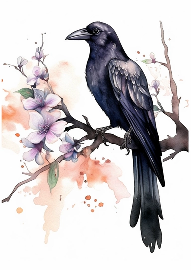 Cute horror gothic raven detailed sitting on a branch with flowers and leafs, watercolor by Thomas w. schaller, clipart, solid background, black color sheme, hd